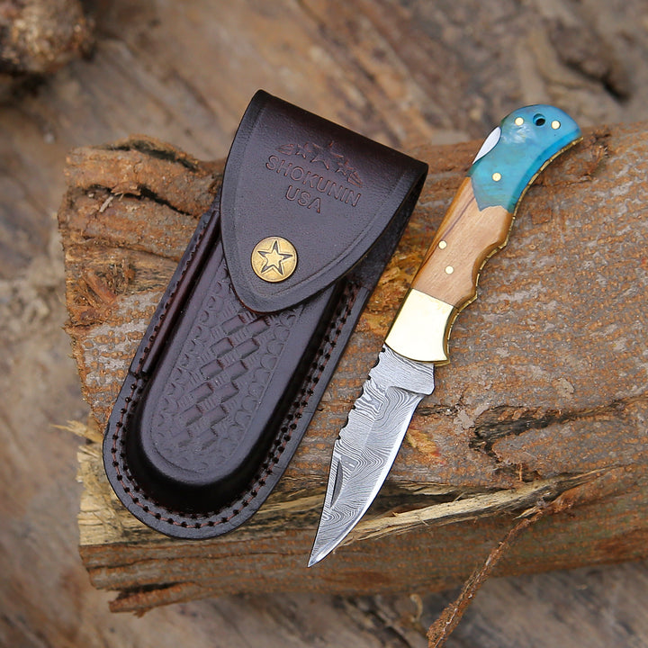 Pocket Knives - Knight Pocket Knife with Olive Wood & Resin Handle - Shokunin USA