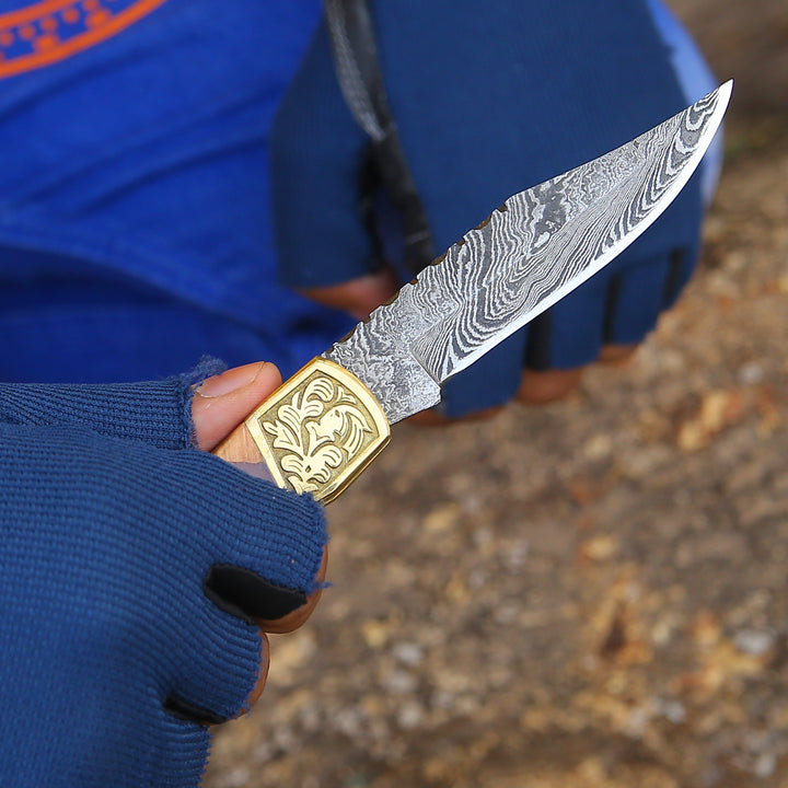 Pocket Knife Gift - Boltedge Handmade Damascus Pocket Knife with Leather Sheath & Exotic Olive Wood - Shokunin USA