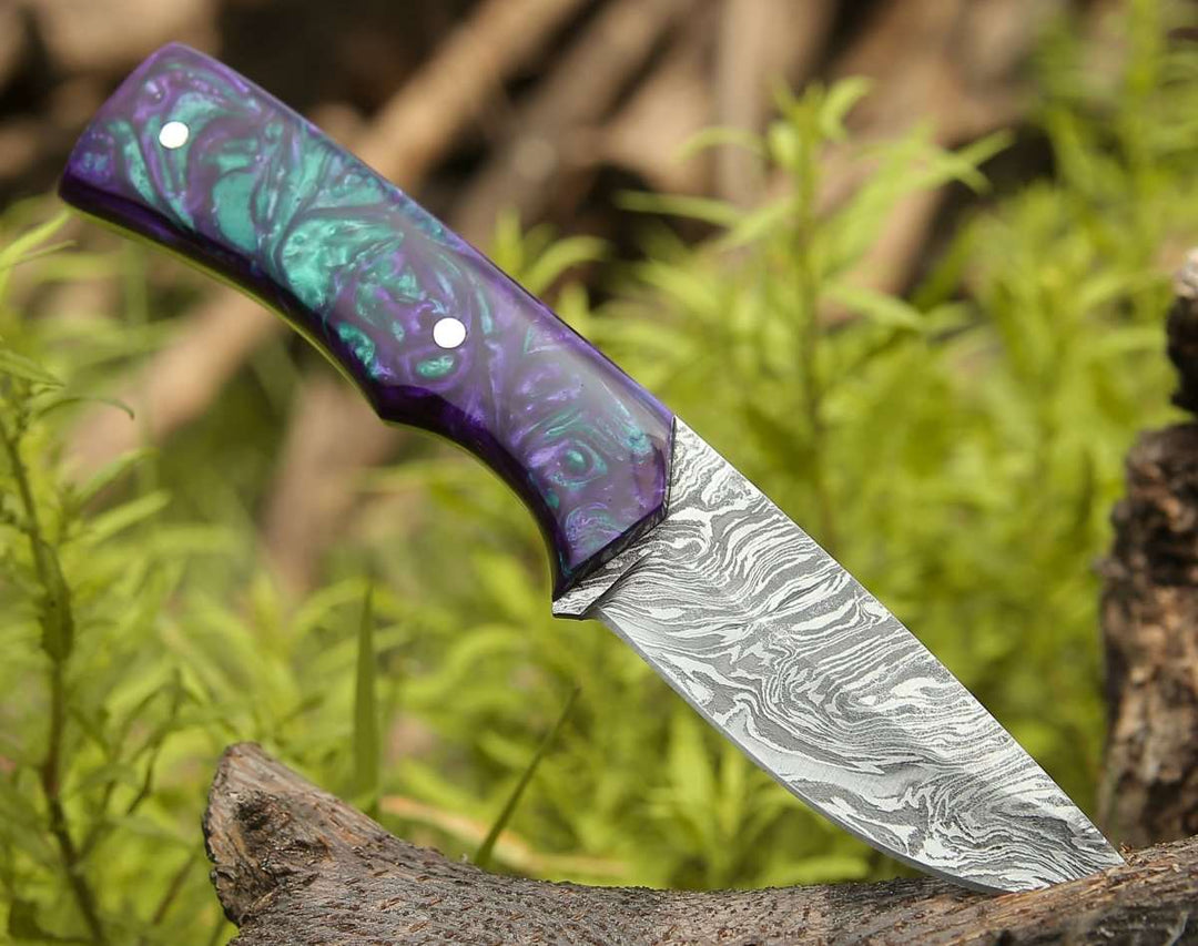 8" Damascus Knife - Arcane Handmade Damascus Hunting Knife with Resin Handle - Shokunin USA