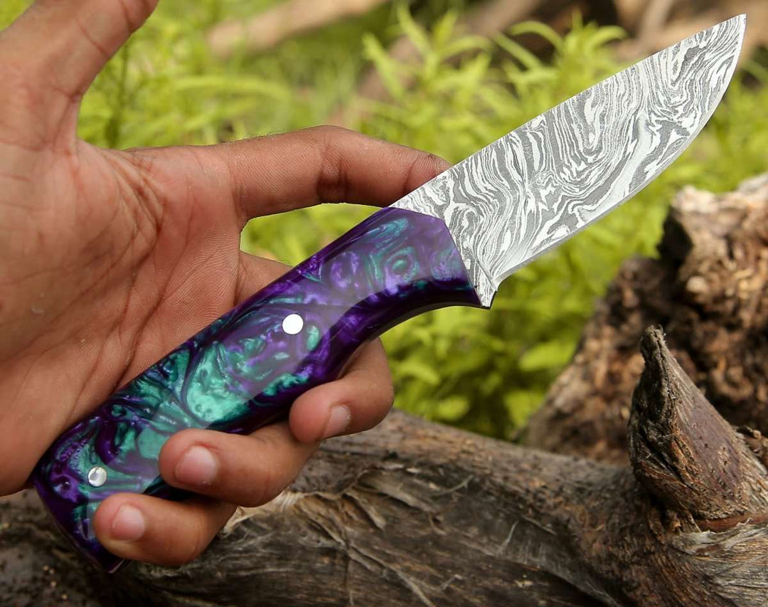 8" Damascus Knife - Arcane Handmade Damascus Hunting Knife with Resin Handle - Shokunin USA