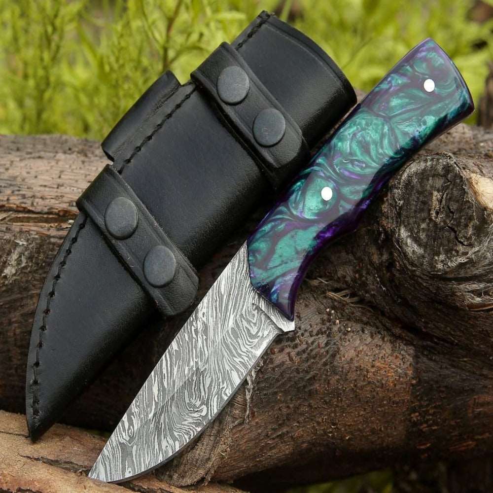 8" Damascus Knife - Arcane Handmade Damascus Hunting Knife with Resin Handle - Shokunin USA