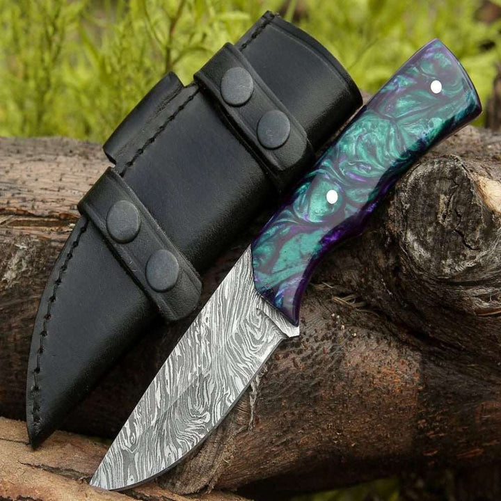 8" Damascus Knife - Arcane Handmade Damascus Hunting Knife with Resin Handle - Shokunin USA
