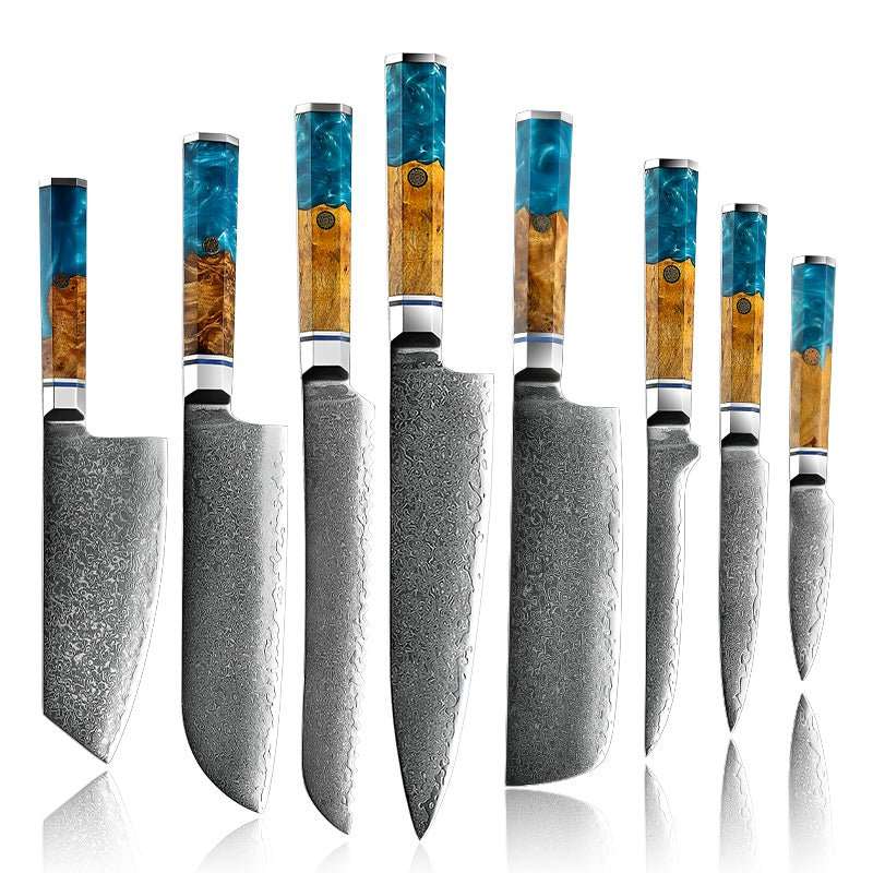 Chef Knife Set - Allure Professional Japanese VG10 Damascus 8-Pcs Knife Set with Exotic Olive Burl Wood & Resin Handle - Shokunin USA