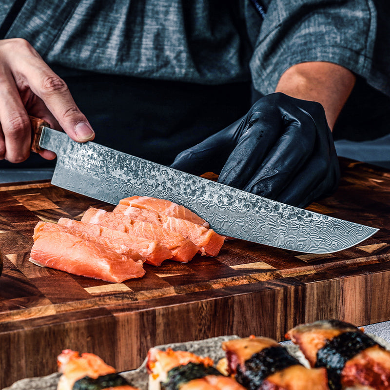 Chef knife - Prime Custom Japanese Slicer Knife with Exotic Olive Wood Burl Handle - Shokunin USA