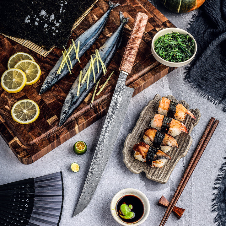Chef knife - Prime Custom Japanese Slicer Knife with Exotic Olive Wood Burl Handle - Shokunin USA