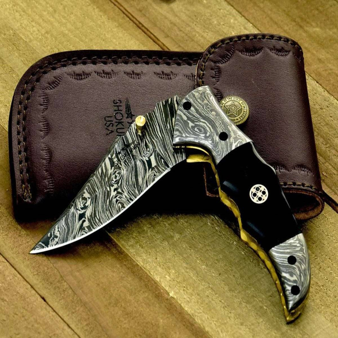 EDC - Exodus Gentleman's Knife with Sheath & Bull Horn Handle and Knife Sharpener - Shokunin USA