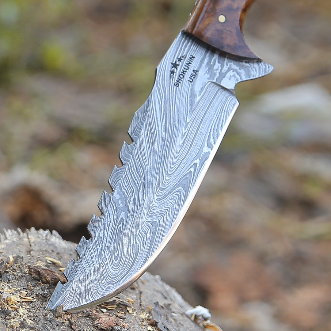 Damascus Knife - Ravager Handmade Damascus Knife with Mother of Pearl Resin & Rosewood Handle - Shokunin USA