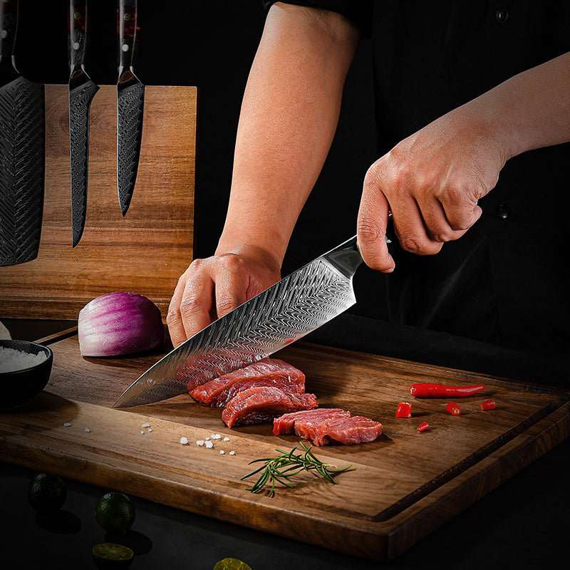Knife Set - Supreme Pro Japanese Knife Set - 5-Piece, VG10 Damascus with Ebony Burl Wood Handle & Sheath - Shokunin USA
