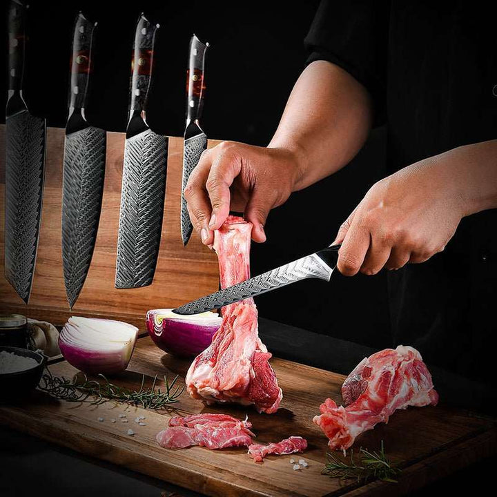 Knife Set - Supreme Pro Japanese Knife Set - 5-Piece, VG10 Damascus with Ebony Burl Wood Handle & Sheath - Shokunin USA
