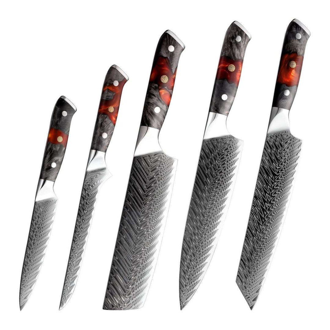 Knife Set - Supreme Pro Japanese Knife Set - 5-Piece, VG10 Damascus with Ebony Burl Wood Handle & Sheath - Shokunin USA