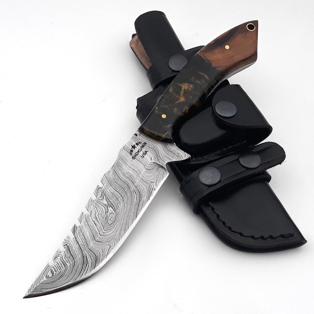 Morph Damascus Knife with Exotic Rose Wood & Resin Handle