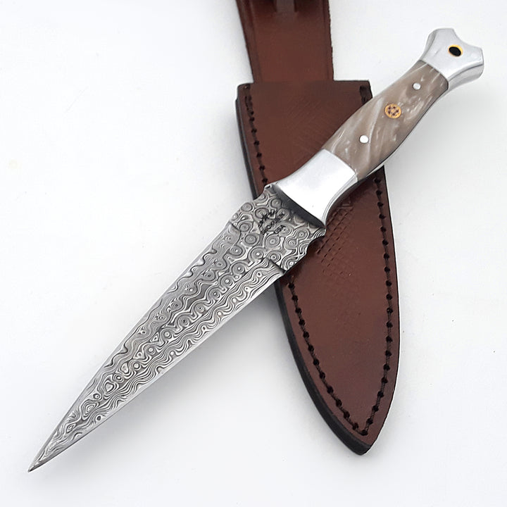 Prowler Damascus Fixed Blade Knife with Mother of Pearl Resin Handle