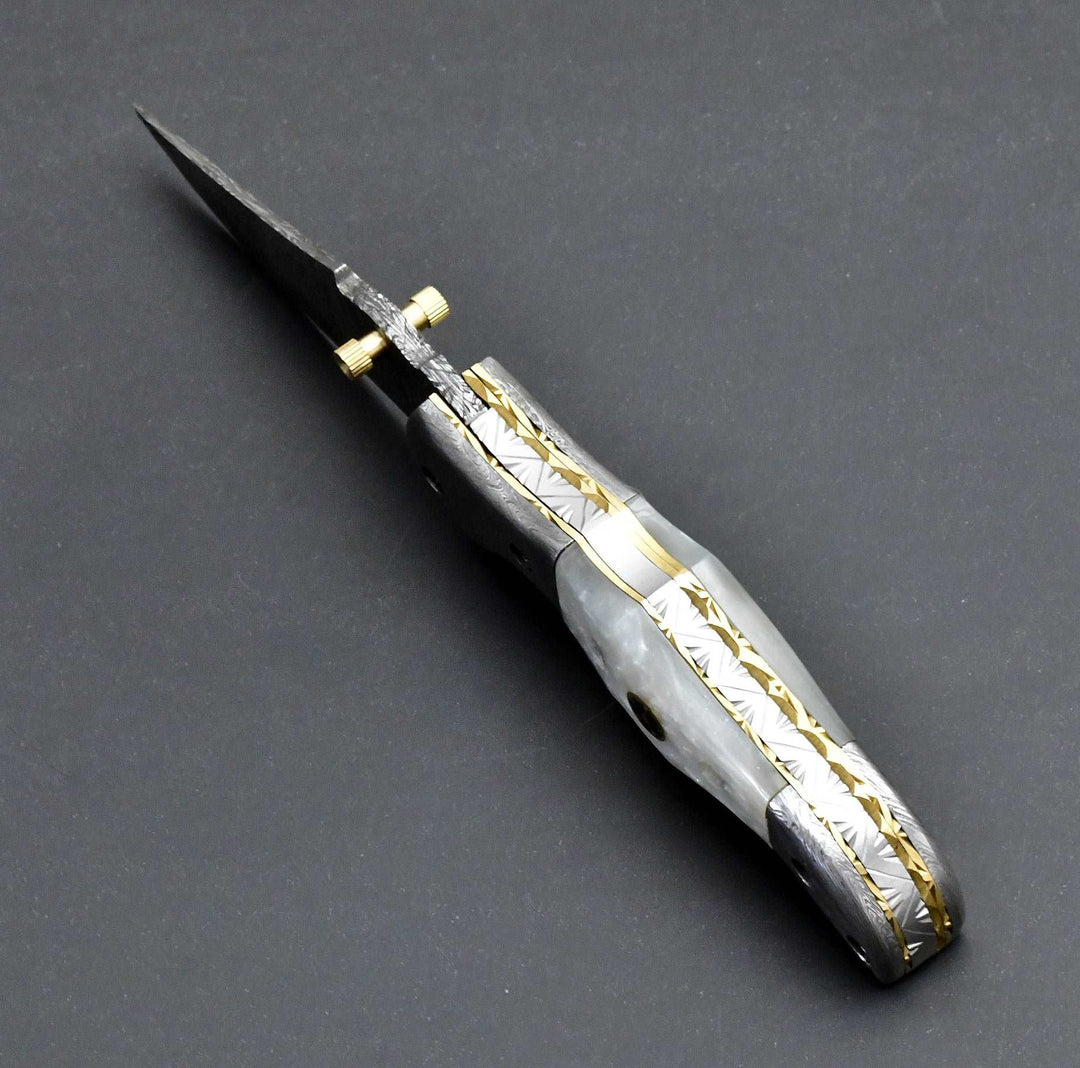 Pocket Knife - Celtic Gentleman's Folding Knife with Pearl Handle and Knife Sharpener - Shokunin USA