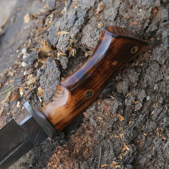 Utility Knife - Frontier Custom Damascus Steel Knife with Charred Oak Wood Handle - Shokunin USA