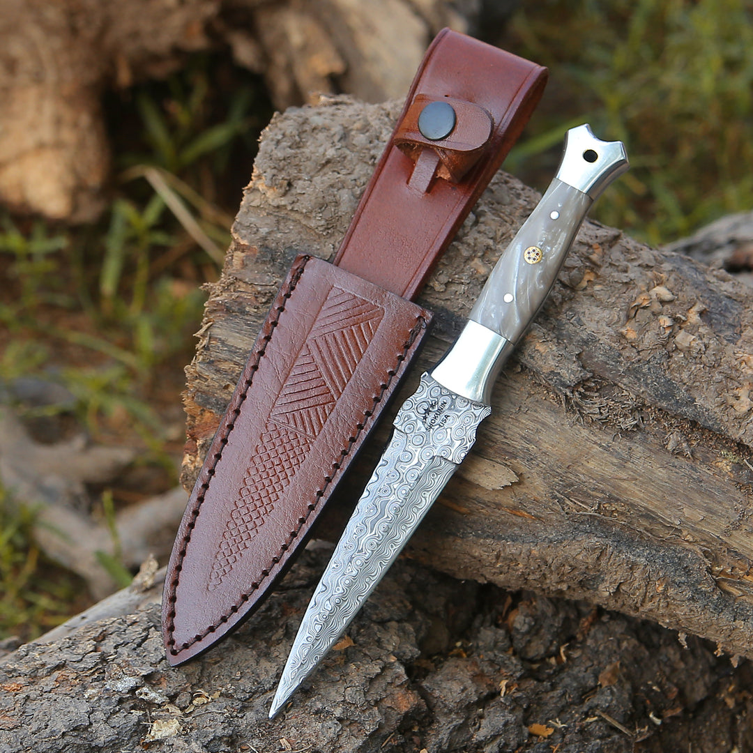 Damascus Knife - Prowler Damascus Fixed Blade Knife with Mother of Pearl Resin Handle - Shokunin USA