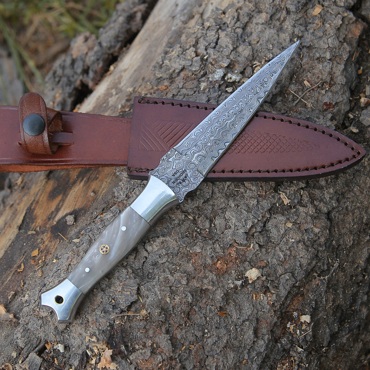 Damascus Knife - Prowler Damascus Fixed Blade Knife with Mother of Pearl Resin Handle - Shokunin USA