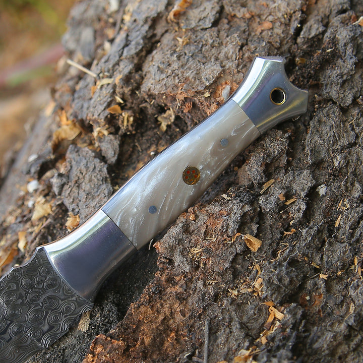 Damascus Knife - Prowler Damascus Fixed Blade Knife with Mother of Pearl Resin Handle - Shokunin USA
