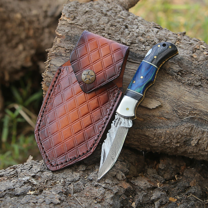 Gentleman's folder with case - Bluesteel Damascus Folding Hunting Knife with Pakkawood Handle - Shokunin USA