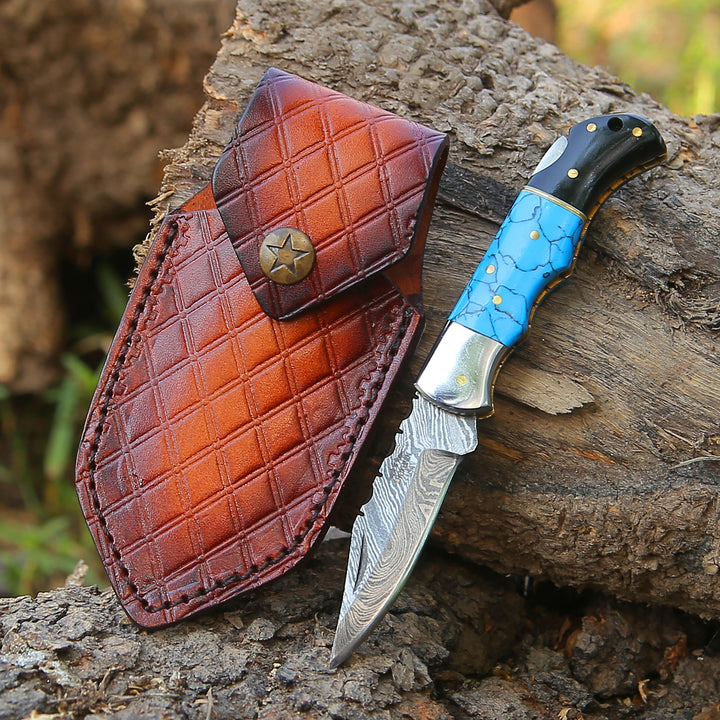 Pocket Knife - Phoenix Pocket Knife with Turrquoise & Bull Horn Handle - Shokunin USA