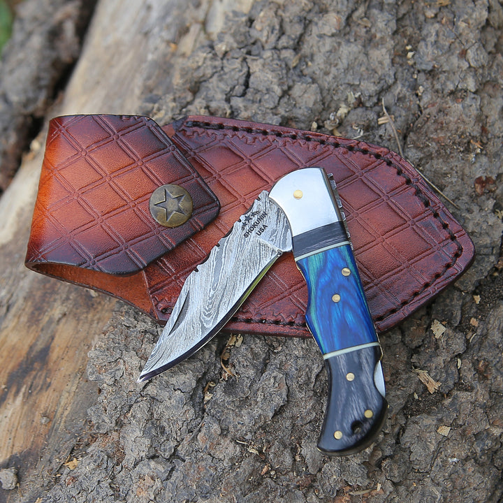 Gentleman's folder with case - Bluesteel Damascus Folding Hunting Knife with Pakkawood Handle - Shokunin USA