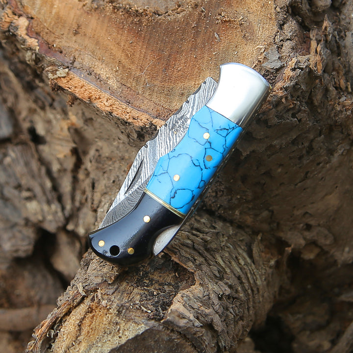 Pocket Knife - Phoenix Pocket Knife with Turrquoise & Bull Horn Handle - Shokunin USA