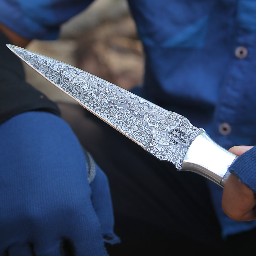 Damascus Knife - Prowler Damascus Fixed Blade Knife with Mother of Pearl Resin Handle - Shokunin USA