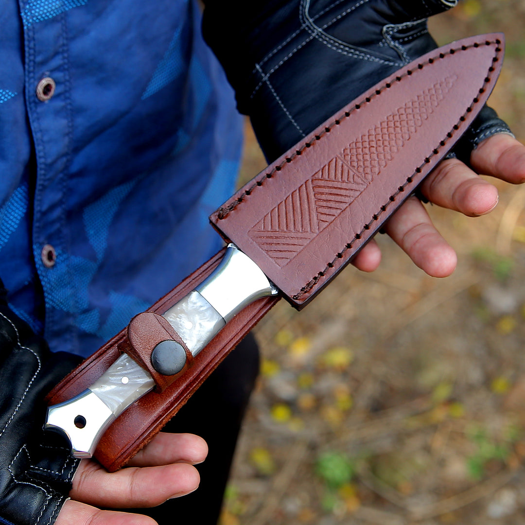 Damascus Knife - Prowler Damascus Fixed Blade Knife with Mother of Pearl Resin Handle - Shokunin USA