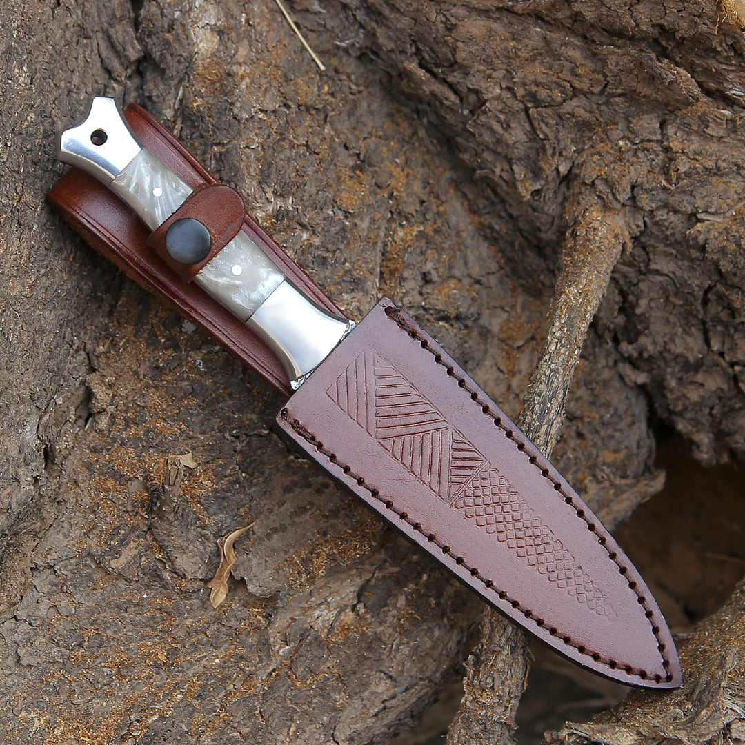 Damascus Knife - Prowler Damascus Fixed Blade Knife with Mother of Pearl Resin Handle - Shokunin USA