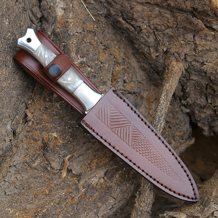 Damascus Knife - Prowler Damascus Fixed Blade Knife with Mother of Pearl Resin Handle - Shokunin USA