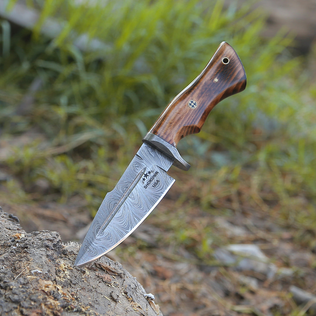 Utility Knife - Frontier Custom Damascus Steel Knife with Charred Oak Wood Handle - Shokunin USA