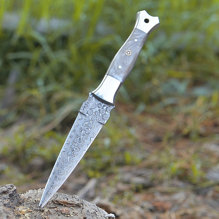 Damascus Knife - Prowler Damascus Fixed Blade Knife with Mother of Pearl Resin Handle - Shokunin USA