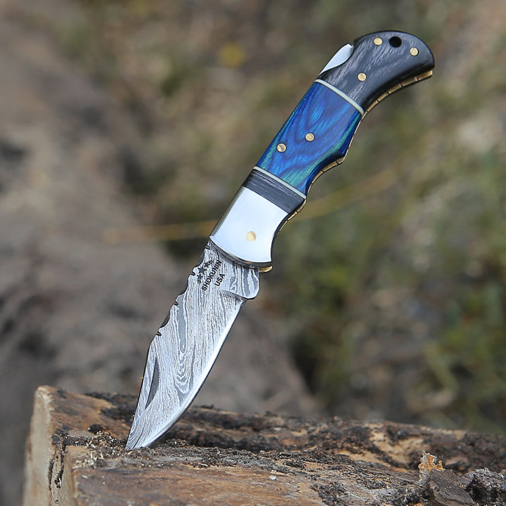 Gentleman's folder with case - Bluesteel Damascus Folding Hunting Knife with Pakkawood Handle - Shokunin USA