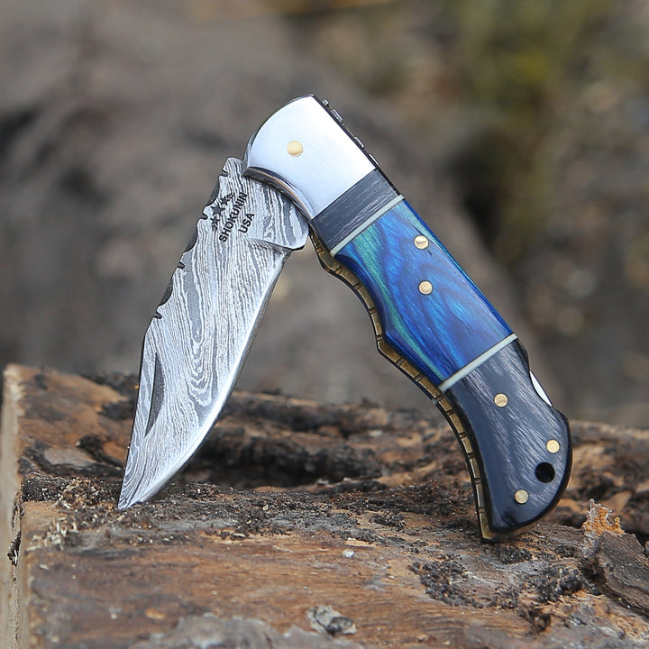 Gentleman's folder with case - Bluesteel Damascus Folding Hunting Knife with Pakkawood Handle - Shokunin USA