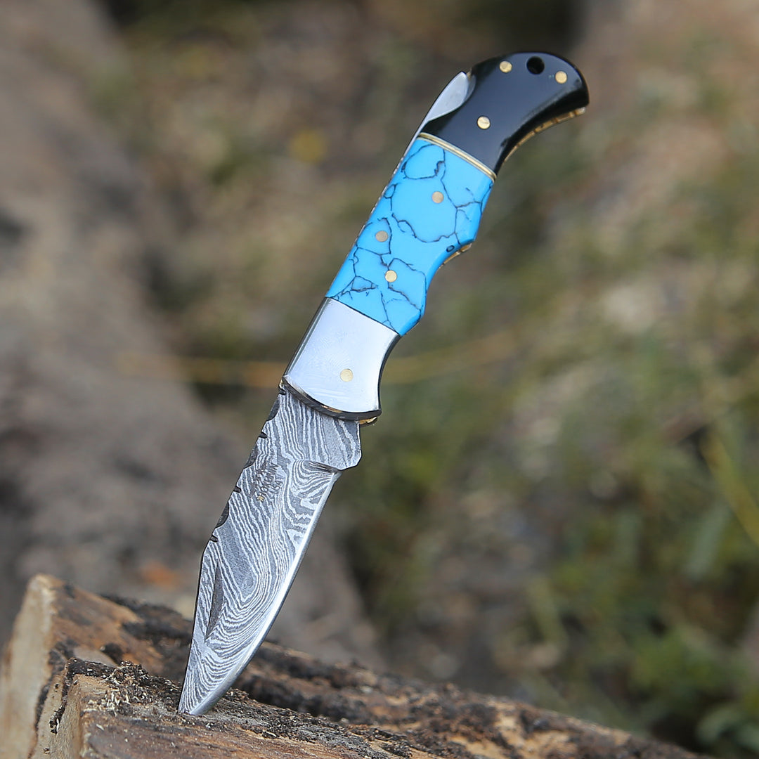 Pocket Knife - Phoenix Pocket Knife with Turrquoise & Bull Horn Handle - Shokunin USA