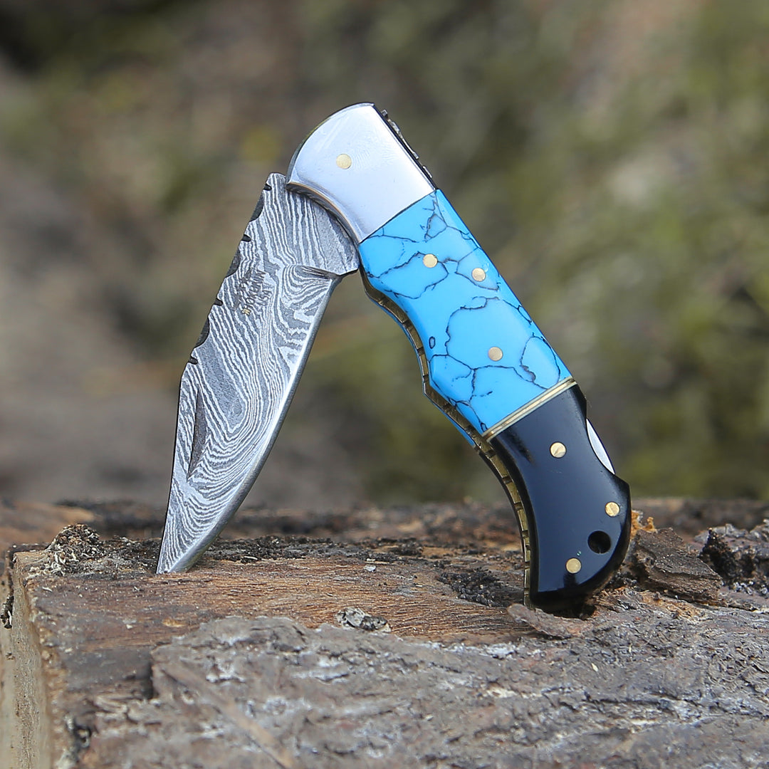 Pocket Knife - Phoenix Pocket Knife with Turrquoise & Bull Horn Handle - Shokunin USA