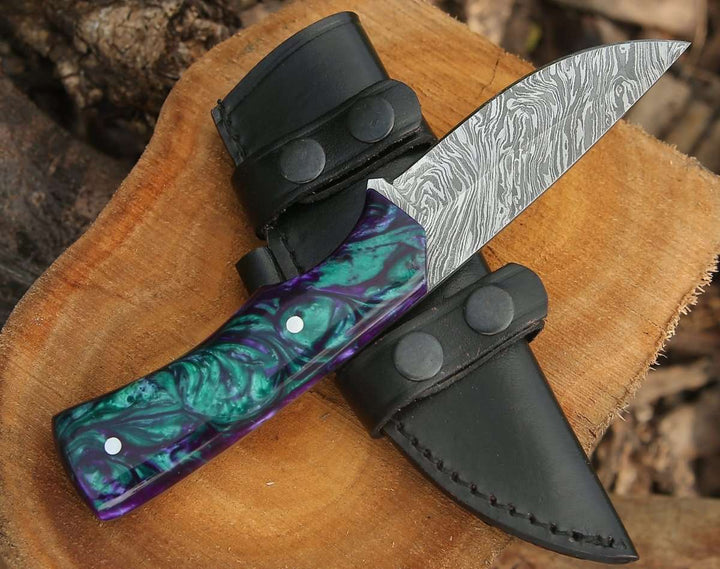 8" Damascus Knife - Arcane Handmade Damascus Hunting Knife with Resin Handle - Shokunin USA