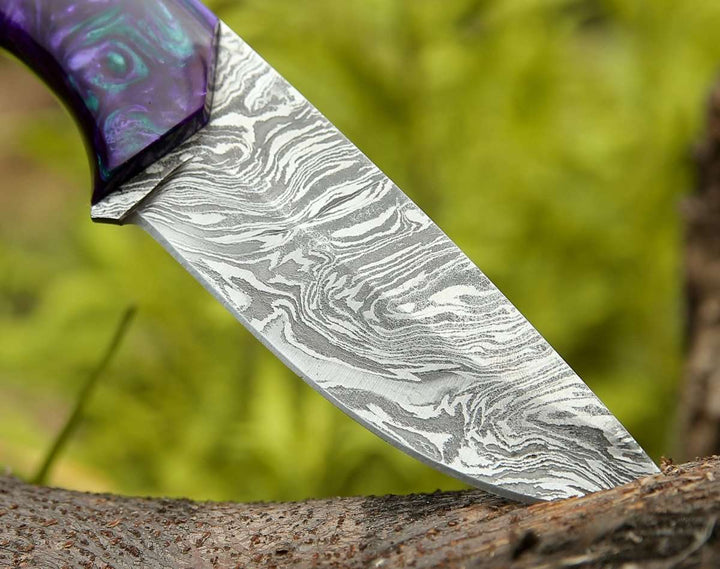 8" Damascus Knife - Arcane Handmade Damascus Hunting Knife with Resin Handle - Shokunin USA