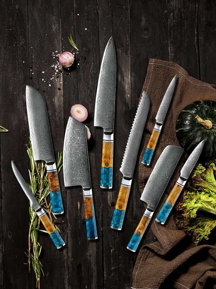 Chef Knife Set - Allure Professional Japanese VG10 Damascus 8-Pcs Knife Set with Exotic Olive Burl Wood & Resin Handle - Shokunin USA
