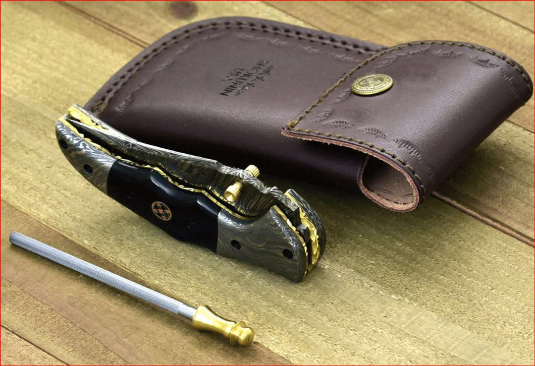 EDC - Exodus Gentleman's Knife with Sheath & Bull Horn Handle and Knife Sharpener - Shokunin USA
