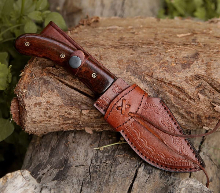 Hunting Knives - Huntsman Damascus Kukri Knife with Exotic Rose Wood Handle - Shokunin USA