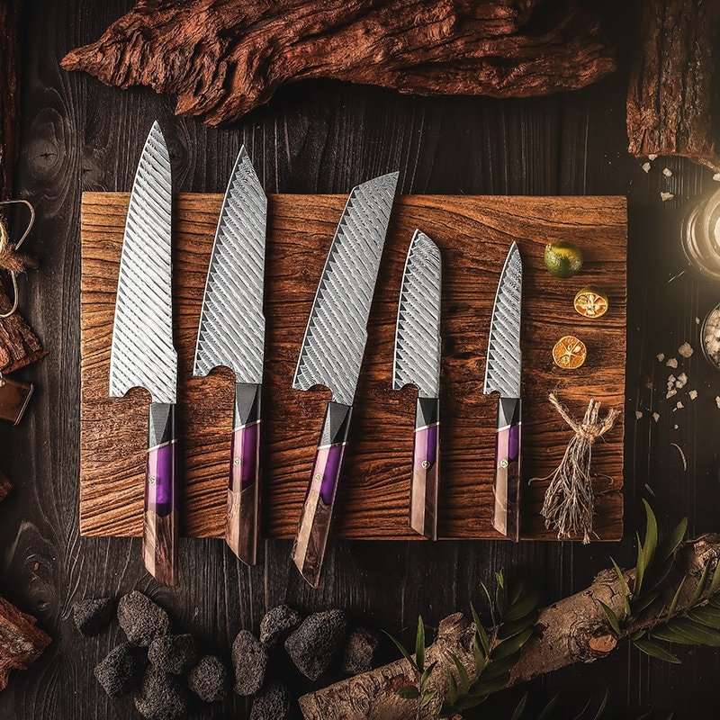 Chef Knife Set - Elite Series VG10 Damascus Knife Set with Exotic Burl Wood Handle - Shokunin USA