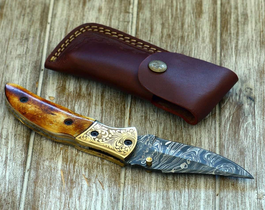 Pocket Knife - Marshal Damascus Folding Knife with Charred Bone Handle - Shokunin USA