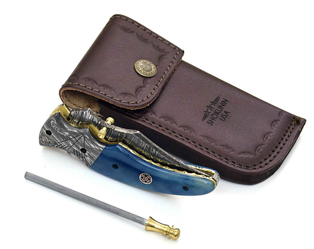 Utility Knife - Nebula Damascus Pocket Knife with Bone Handle - Shokunin USA