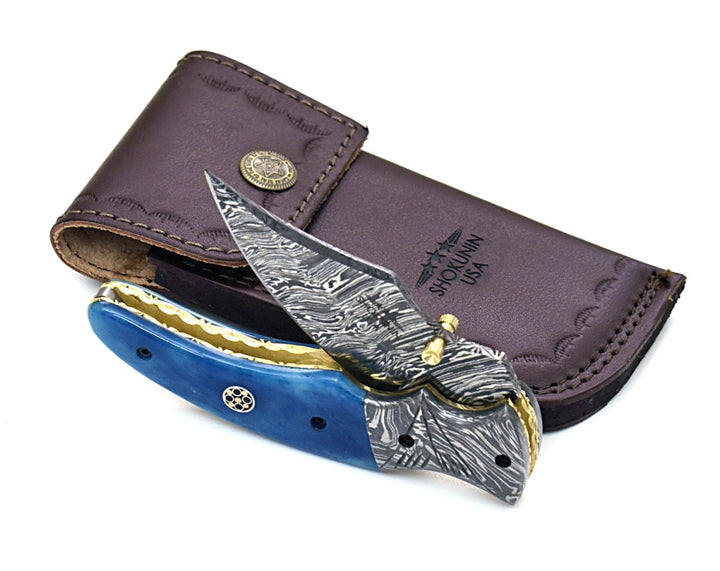 Utility Knife - Nebula Damascus Pocket Knife with Bone Handle - Shokunin USA