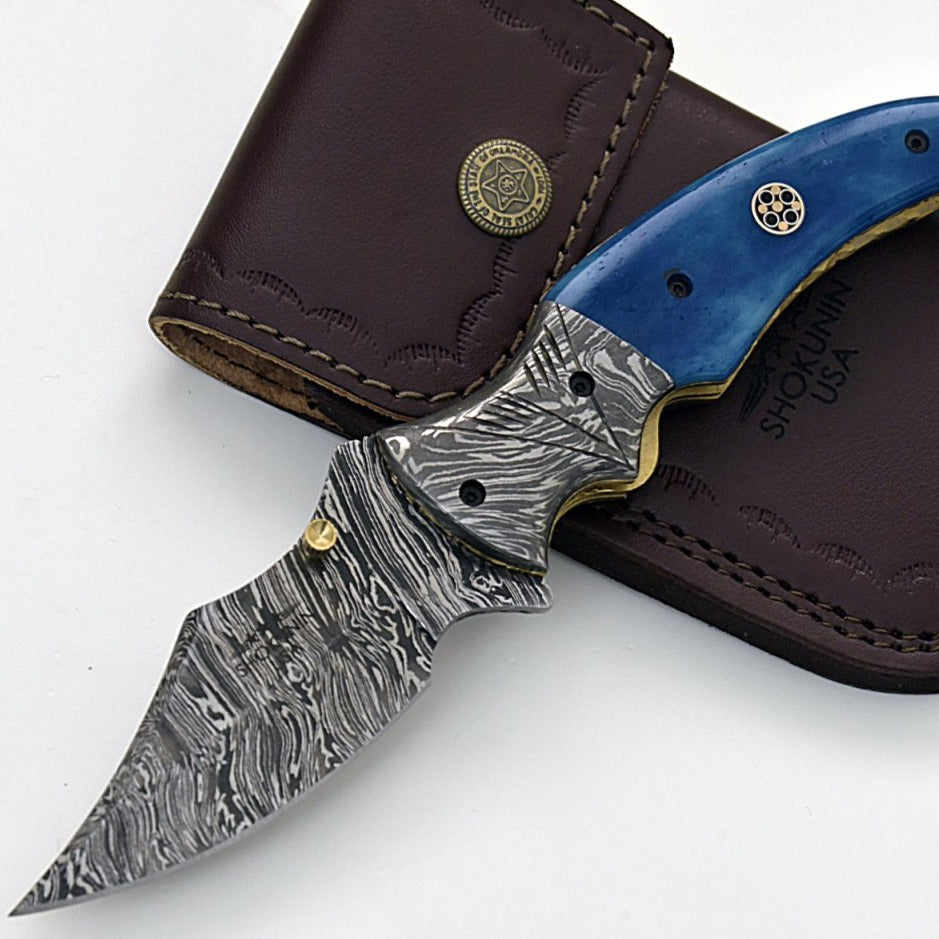 Utility Knife - Nebula Damascus Pocket Knife with Bone Handle - Shokunin USA