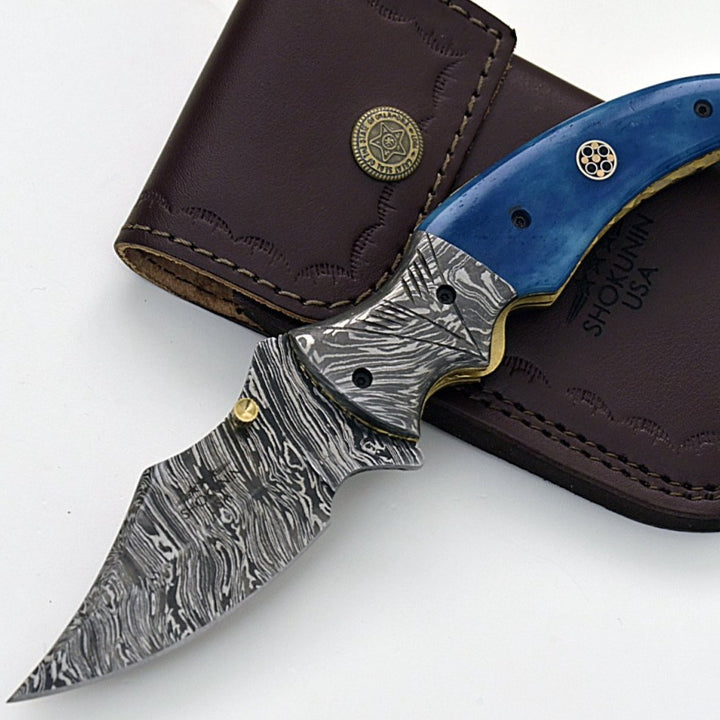 Utility Knife - Nebula Damascus Pocket Knife with Bone Handle - Shokunin USA