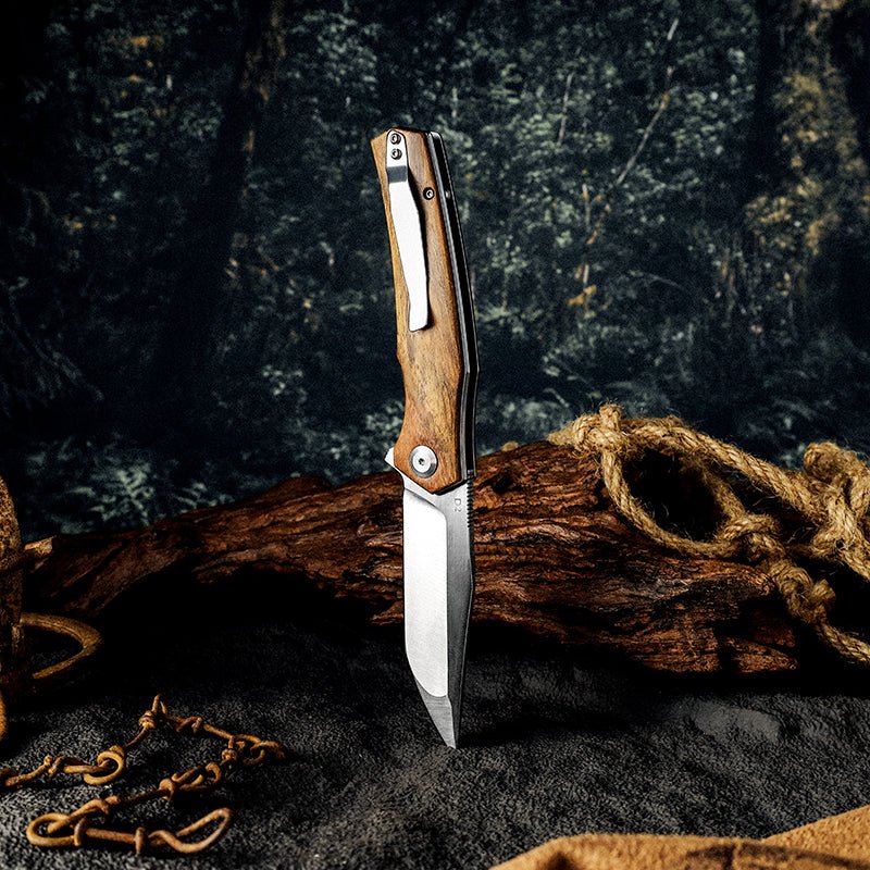 Damascus Knife - Polaris D2 Steel Pocket Knife with Exotic Sandal Wood Handle - Shokunin USA