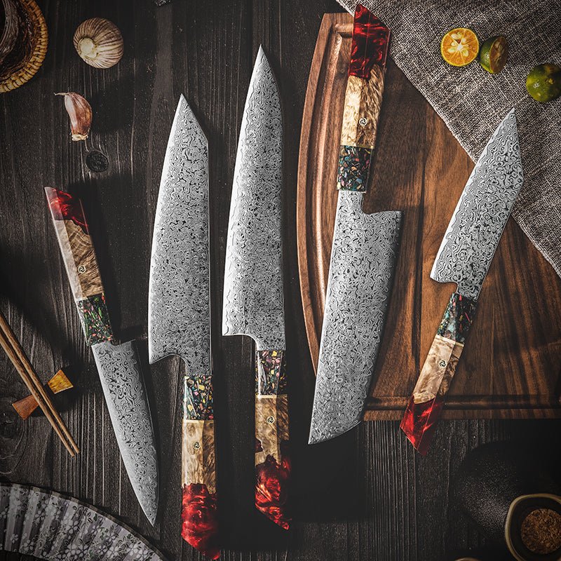 Chef Knife Set - Pristine Japanese Chef Knife Set with VG-10 Damascus Steel Exotic Stabilized Olive Wood Handle & Sheath - Shokunin USA