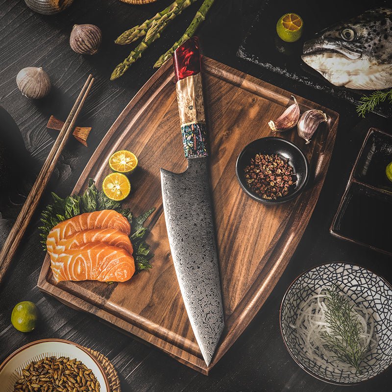 Chef Knife Set - Pristine Japanese Chef Knife Set with VG-10 Damascus Steel Exotic Stabilized Olive Wood Handle & Sheath - Shokunin USA
