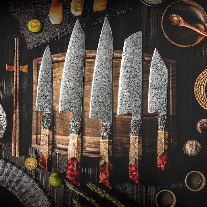 Chef Knife Set - Pristine Japanese Chef Knife Set with VG-10 Damascus Steel Exotic Stabilized Olive Wood Handle & Sheath - Shokunin USA